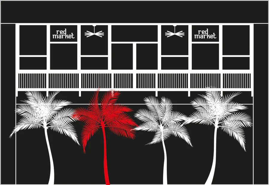 Illustration of the Red Market salon storefront at Bal Harbour Shops, Miami
