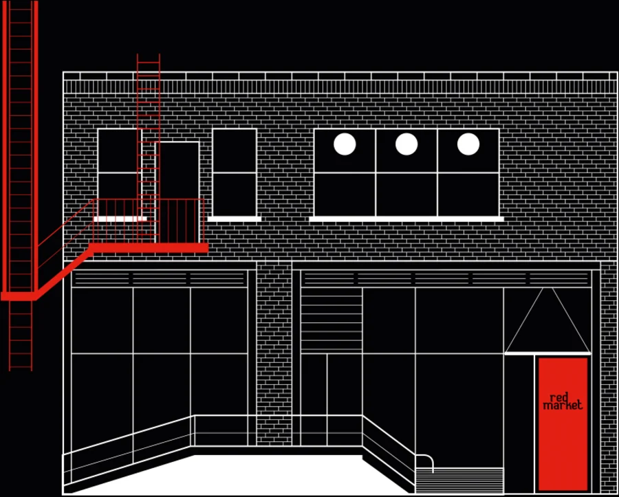 Illustration of the Red Market salon storefront in Greenwich Village, New York